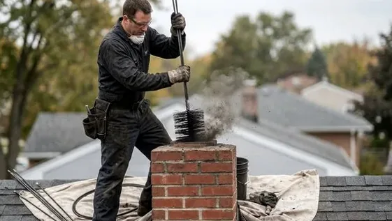 Sweeping a chimney from a rooftop near Polaris, Ohio