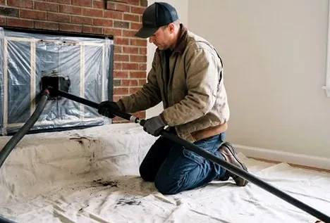 Drop cloths and vacuum during a Westerville chimney cleaning